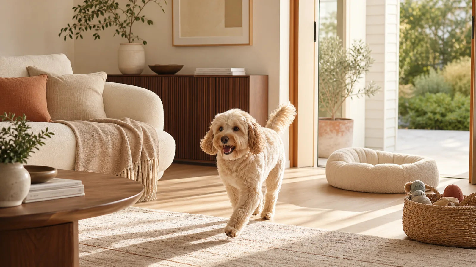 Happy cream dog walking through a warm premium home with a plush pet bed nearby