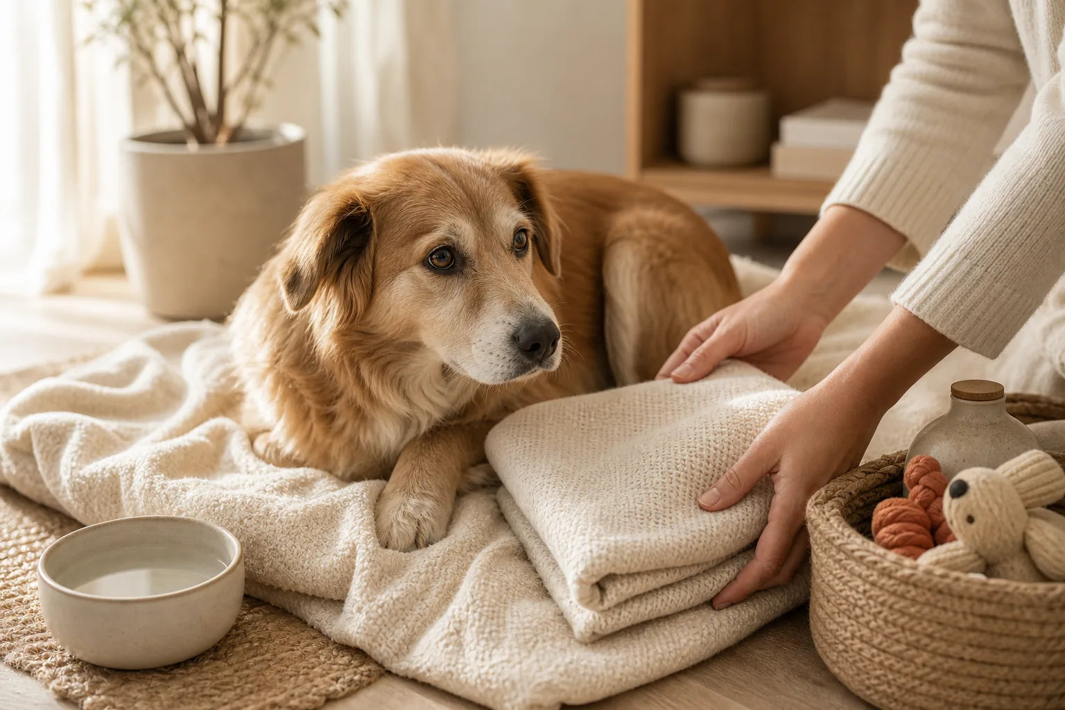 Geretteter Hund, der sicher auf weichen Decken neben wichtigen Pflegeutensilien ruht