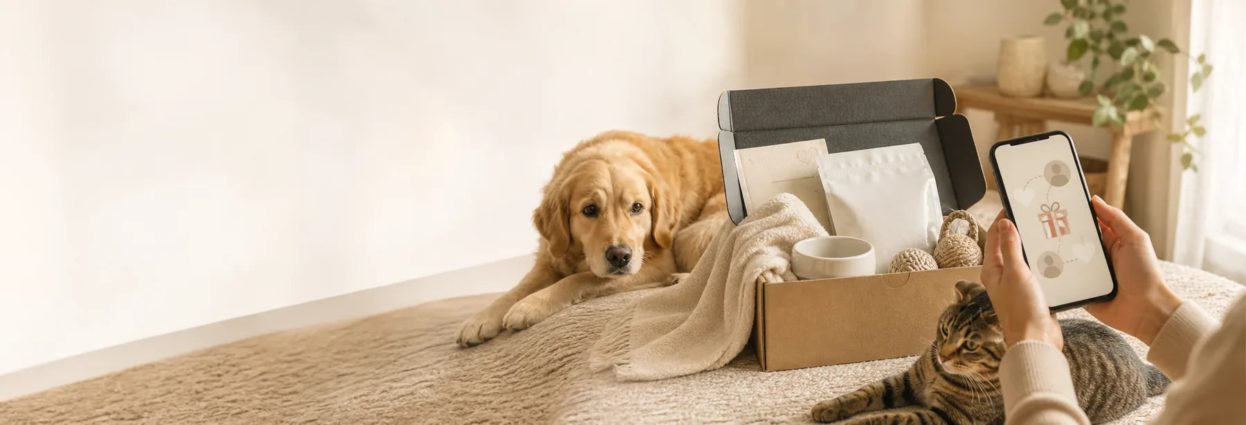 Personne partageant un lien de parrainage sur son téléphone à côté d'un chien, d'un chat et d'un carton de livraison pour animaux