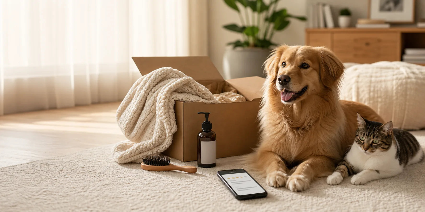 Dog and cat resting near an opened pet care delivery with a phone showing review stars