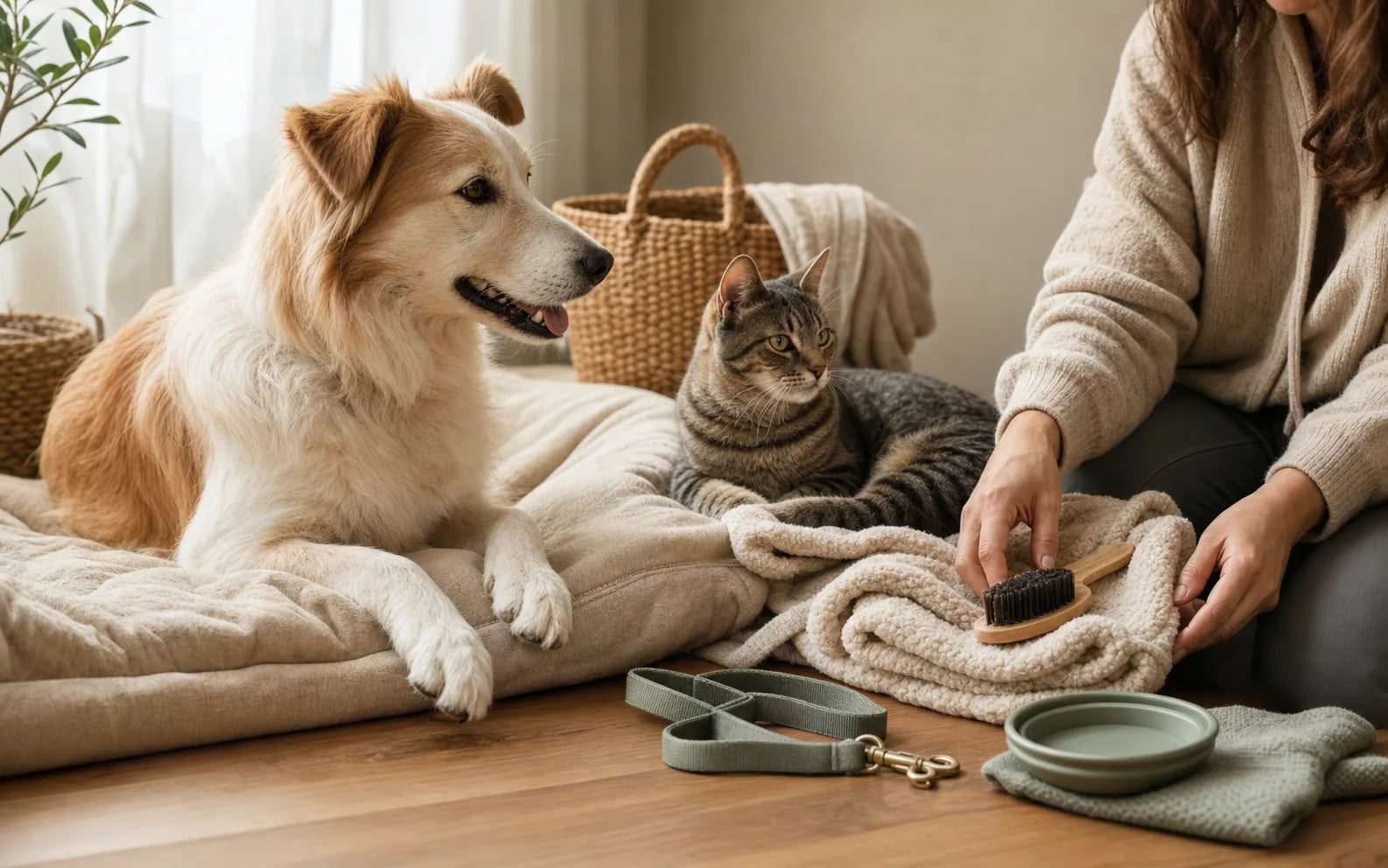 Hund und Katze entspannen mit hochwertigem Haustierbedarf in einem warmen Zuhause von Viva Essence Pet